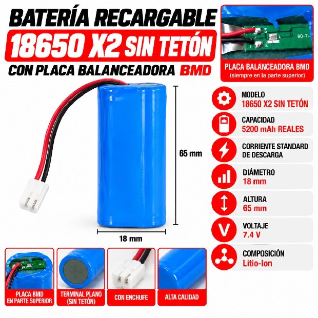 &ua  BATERIA PILA RECARGABLES 18650 DOBLE 3,7V + CONECTOR + BND